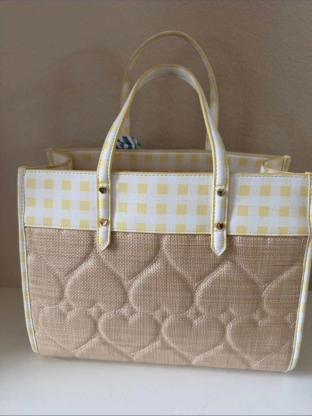 Betsy Johnson Yellow Check & Straw Tote Bag with Blue Lemon Scarf
